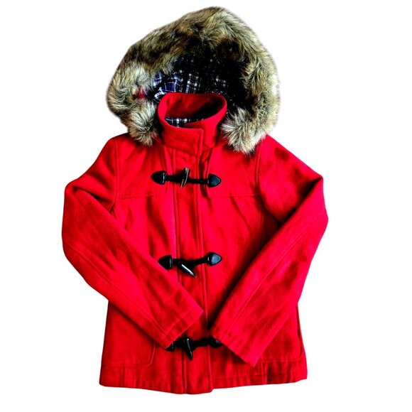 Red Winter Jacket With Faux Fur Hood & Plaid Lining Womens Small - Picture 2 of 5